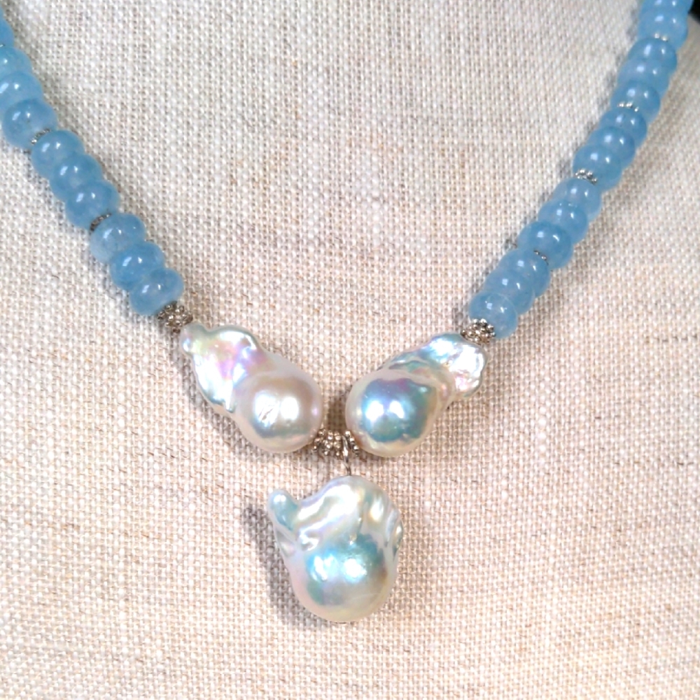 Baroque Pearl & Aqua Quartz beaded Necklace. New, Genuine gems, Silver